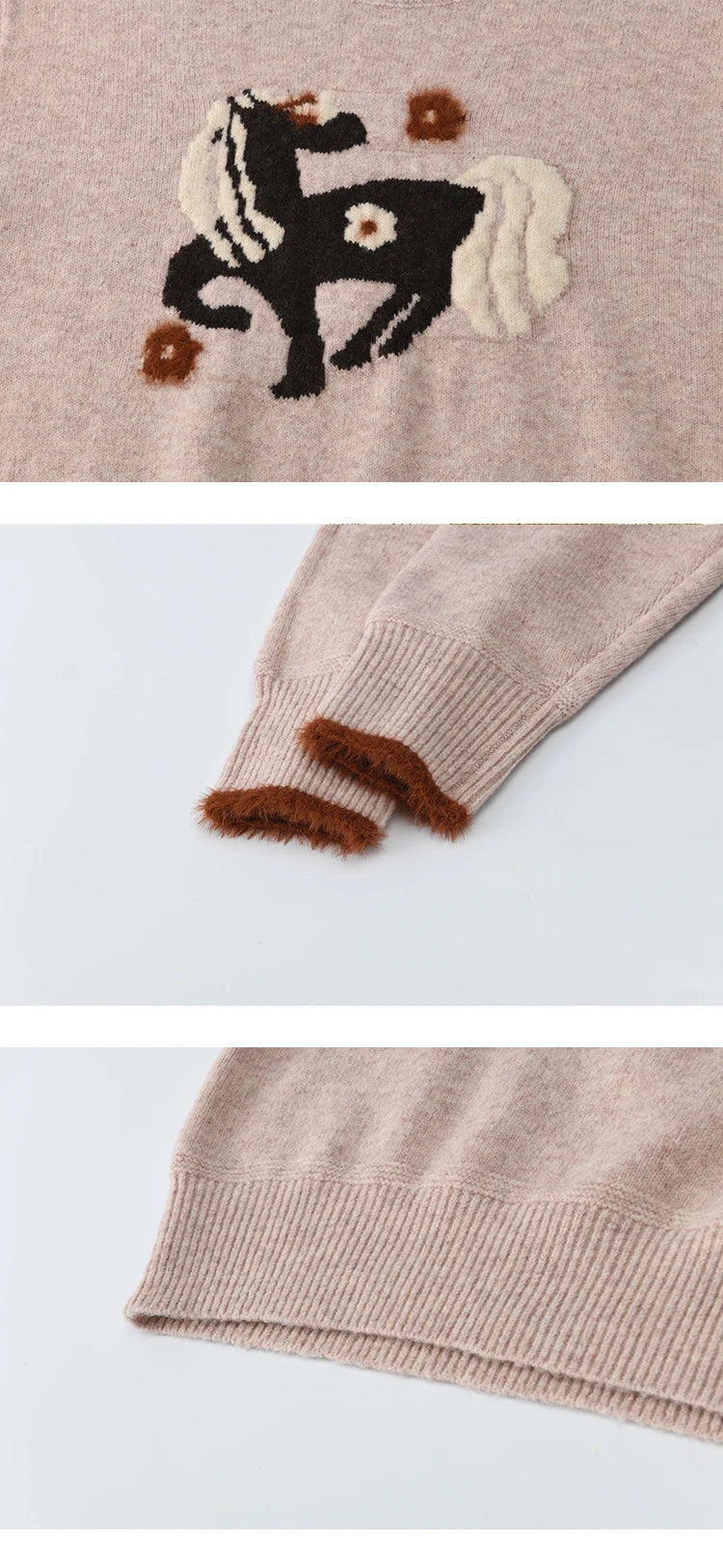 MISHOW Women's Horse Pattern Knit Sweater Winter Crew Neck Sweaters Collar Cuffs Splice Contrasting Faux Mink Fur Top MXE94Z2863