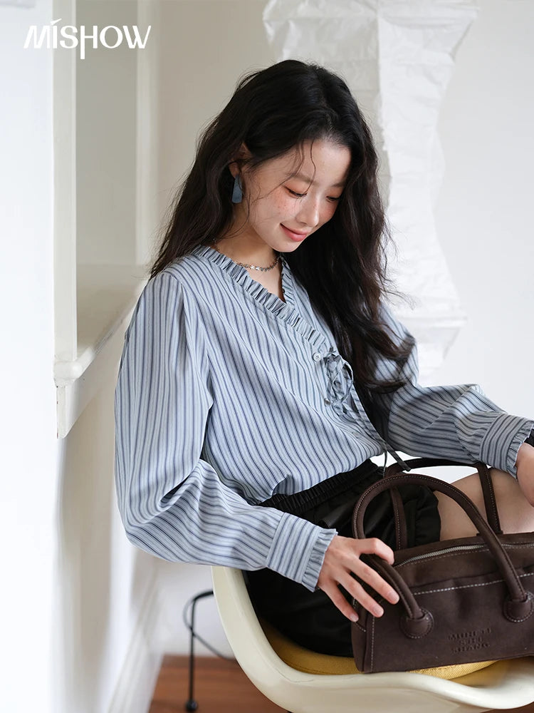 MISHOW Blue Striped Peach Skin Velvet V-neck Shirts for Women Autumn 2025 Asymmetrical Lace-up Commuting Casual Shirt MXE42X2472