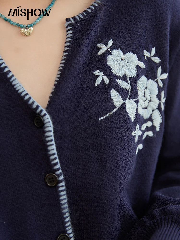 MISHOW Dark Blue Cardigan Women 2025 Autumn New French Vintage Embroidered Knit Cardigan Casual Round Neck Sweater MXE45Z1381