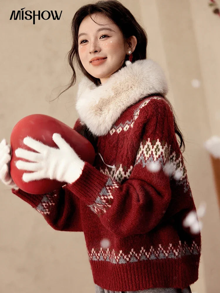 Mishow Red Fair Isle Raglan Sleeve Sweater MXD58Z1035