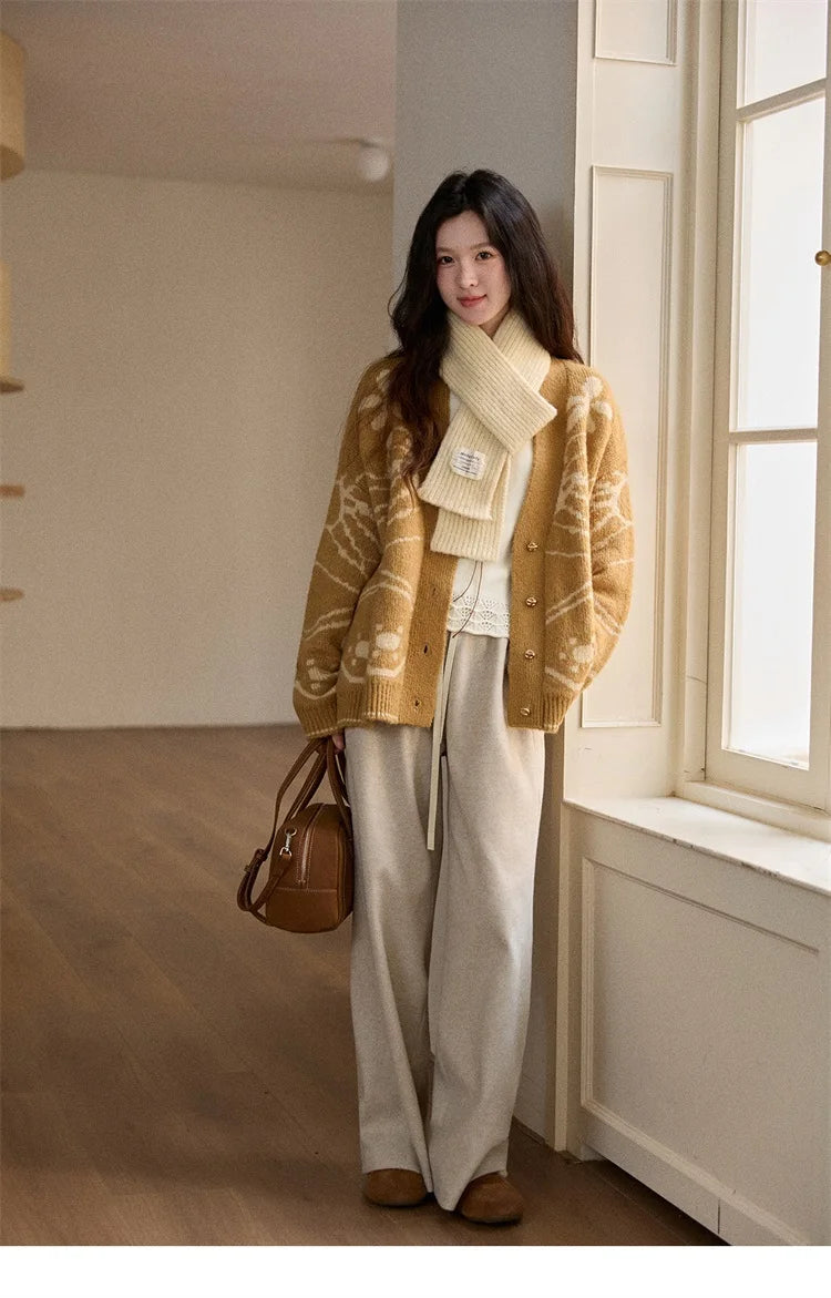 Mishow Yellow Jacquard Plant Pattern Cardigan MXE48Z2522