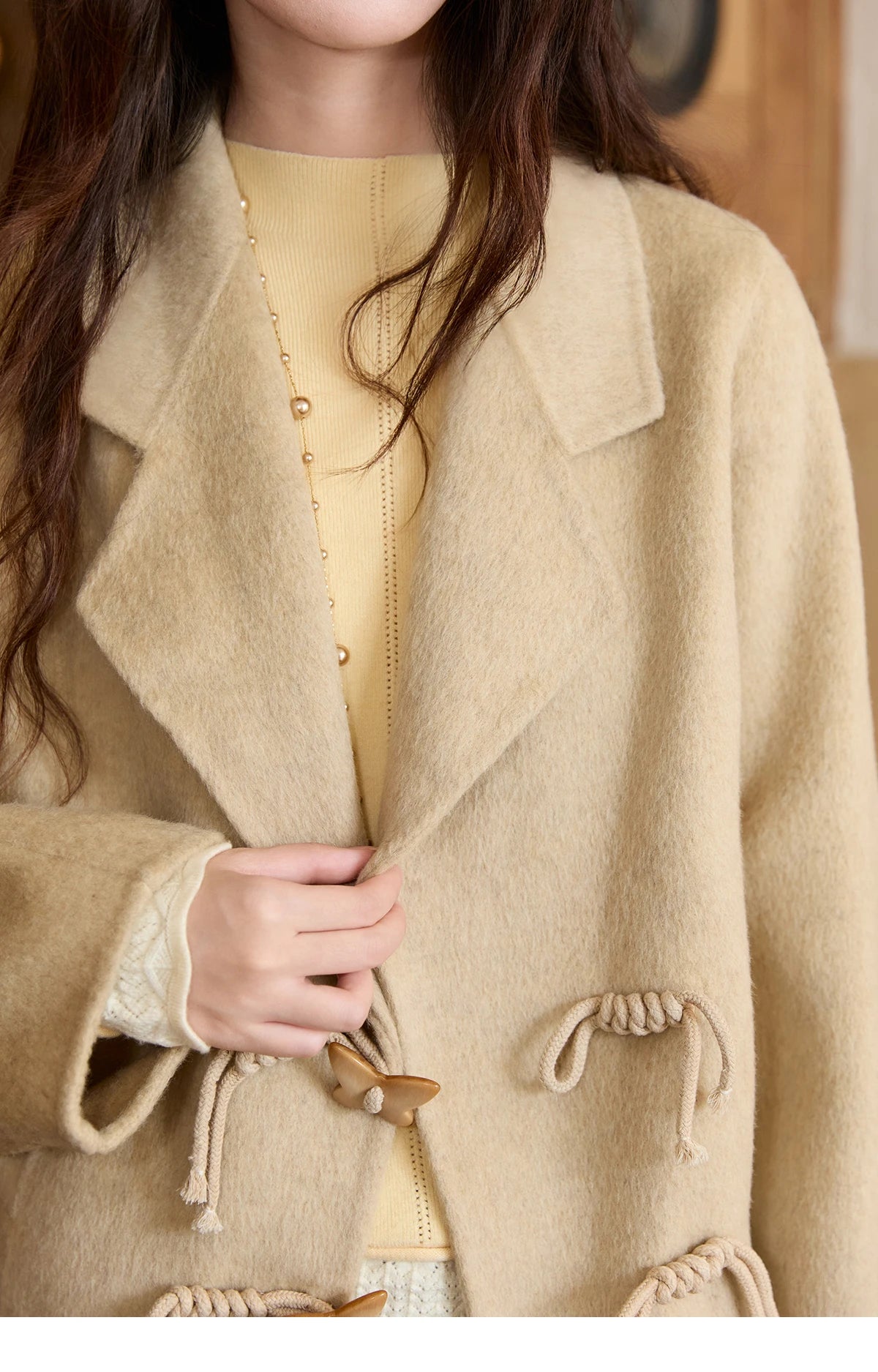 MISHOW 100%Wool Coat for Woman 2025 Winter Retro Apricot Double-faced Butterfly Button Coat Warm Long-sleeved Jacket MXE51W0887