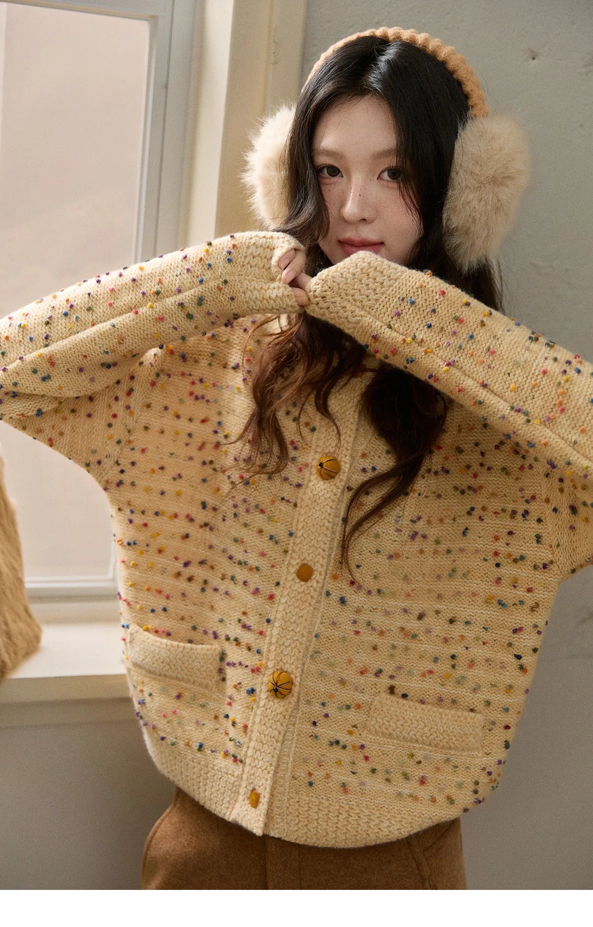 MISHOW Colorful Yellow Sweater Cardigan for Women Winter 2025 Arctic Fleece Retro Round Neck Warm Thick Knit Sweaters MXE91Z2778