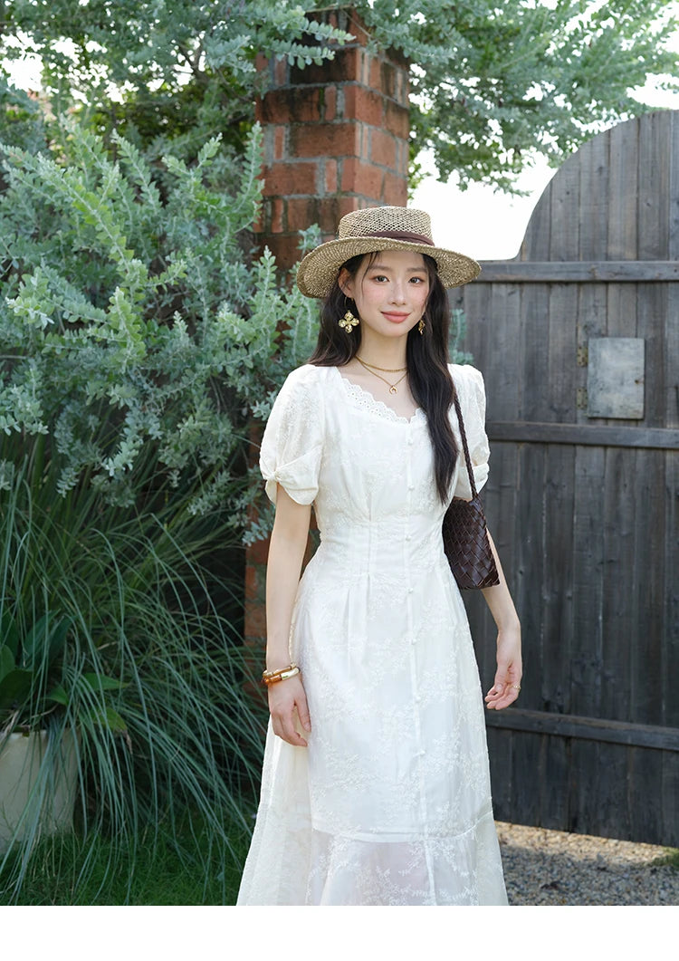 Mishow V-Neck Lace Embroidery Puff Sleeve Dress MXE39L2432