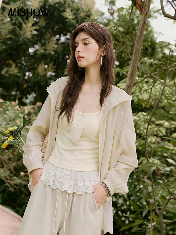 MISHOW Sunscreen Summer Coat Women New 2025 Long Sleeve Hooded Solid Lace Loose Cardigan Female Thin Breathable MXE33W0780