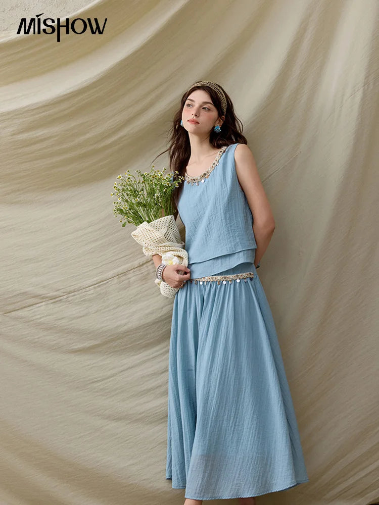 MISHOW Office Lady Summer Vest Skirt Sets Women 2025 Sheel Ribbon Solid Round Neck Tops Loose High Waist Skirt Female MXE32T0556