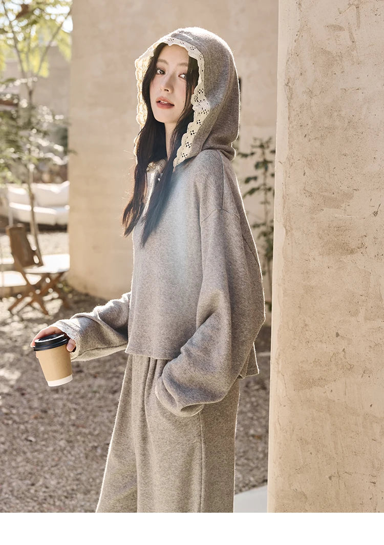 MISHOW Women's Sweatshirt Wide Leg Pants Separately 2025 Fall Winter Lace Splicing Hooded Casual Elastic Waist Pants MXD34V0098