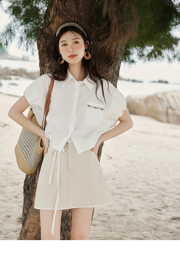 MISHOW Casual Summer Blouses Women 2025 New Short Puff Sleeve Turn Down Collar Shirt Female Fashion Shell Ribbon Tops MXE33C0773