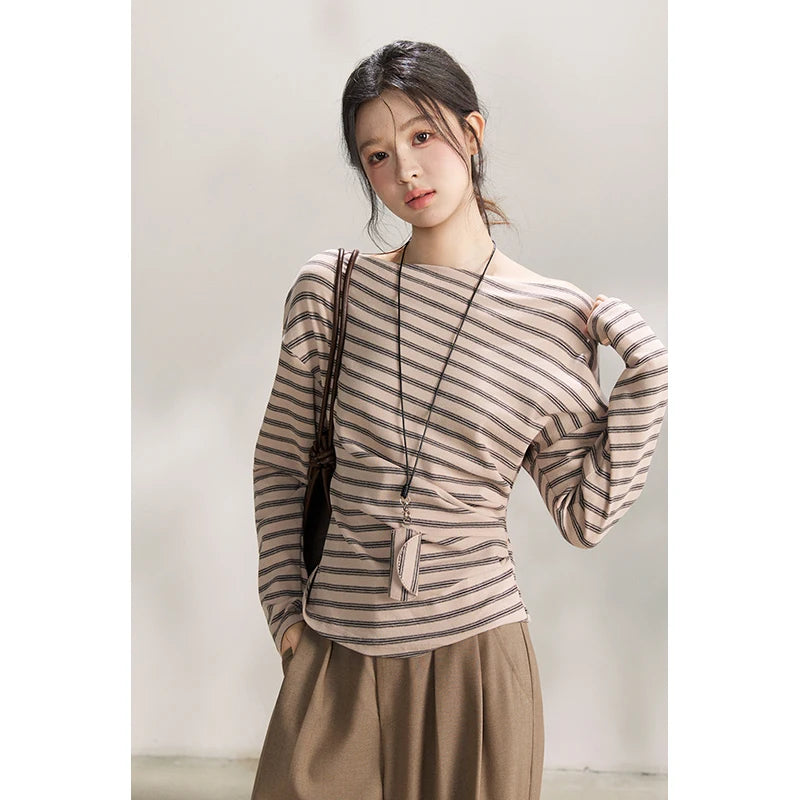 MISHOW Striped Boat Neck Long Sleeve Tops 2026 Spring Ruched Side SlimCasual Soft Breathable T-Shirt with Necklace MXF13T1514