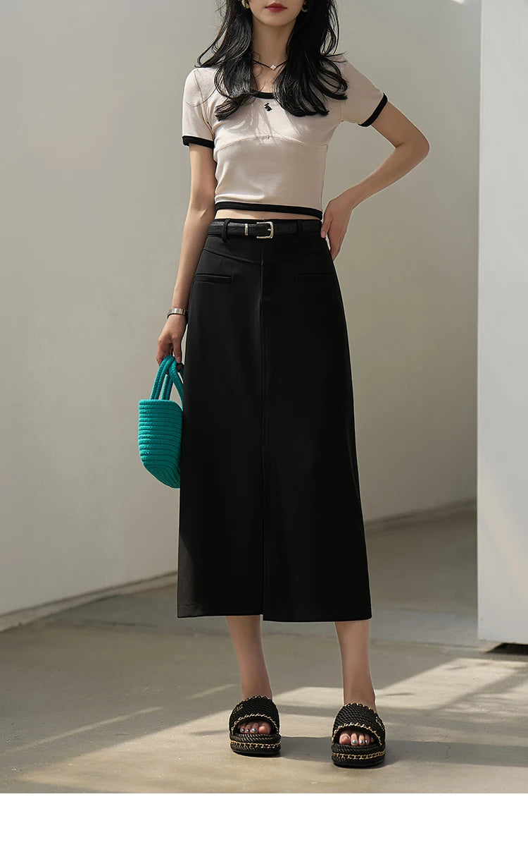 MISHOW Women's Suit Straight Midi Skirt 2025 Summer High Waist Slim Solid Front Fork Female Rear Elastic Waist Skirts MXC15B0026