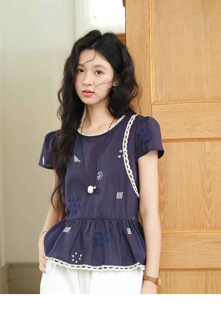 MISHOW Women's O-Neck Spliced Lace Blouse 2025 Summer New Fashion Embroidery Flower Casual Loose Top Ladies Clothing MXE39X1965