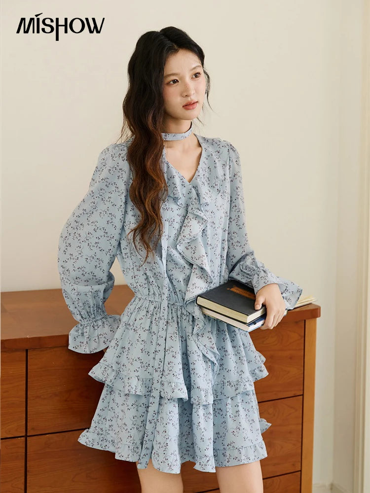 MISHOW Floral Dress for Women Cotton 2026 Spring Blue Luxury V-neck Ruffled Puff Sleeve Dress Party Midi Dress Woman MXE46L2517