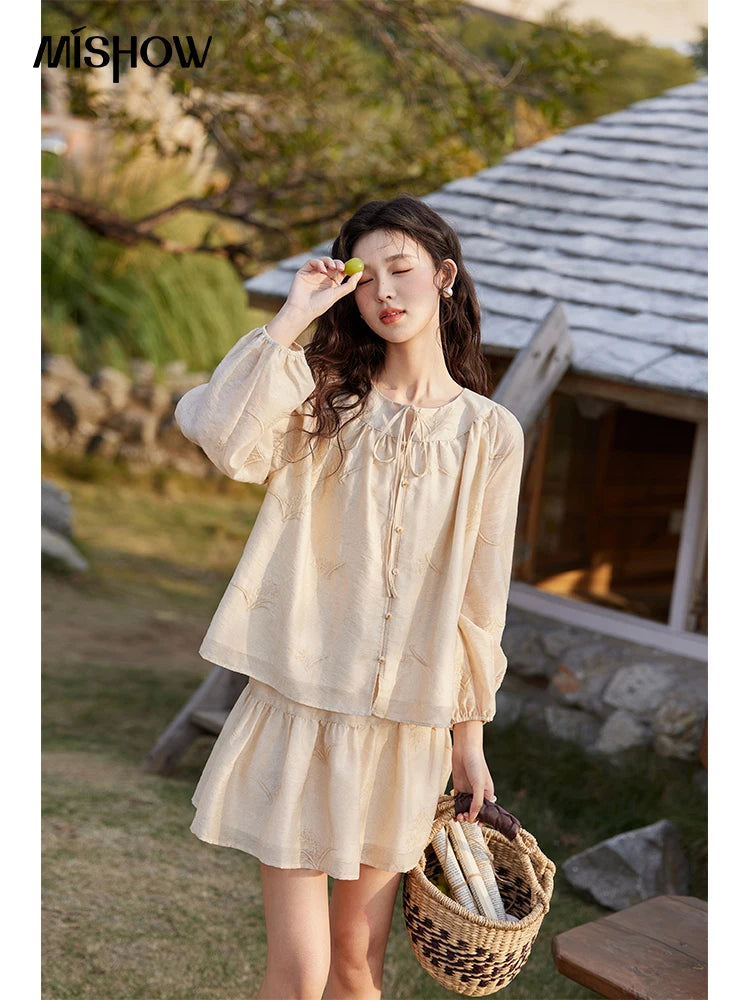 MISHOW Iris Embroidery Blouse Elastic Waist Skirt Set for Women Spring Summer 2025 Jacquard Commuting Slim Two Pieces MXE13T0454