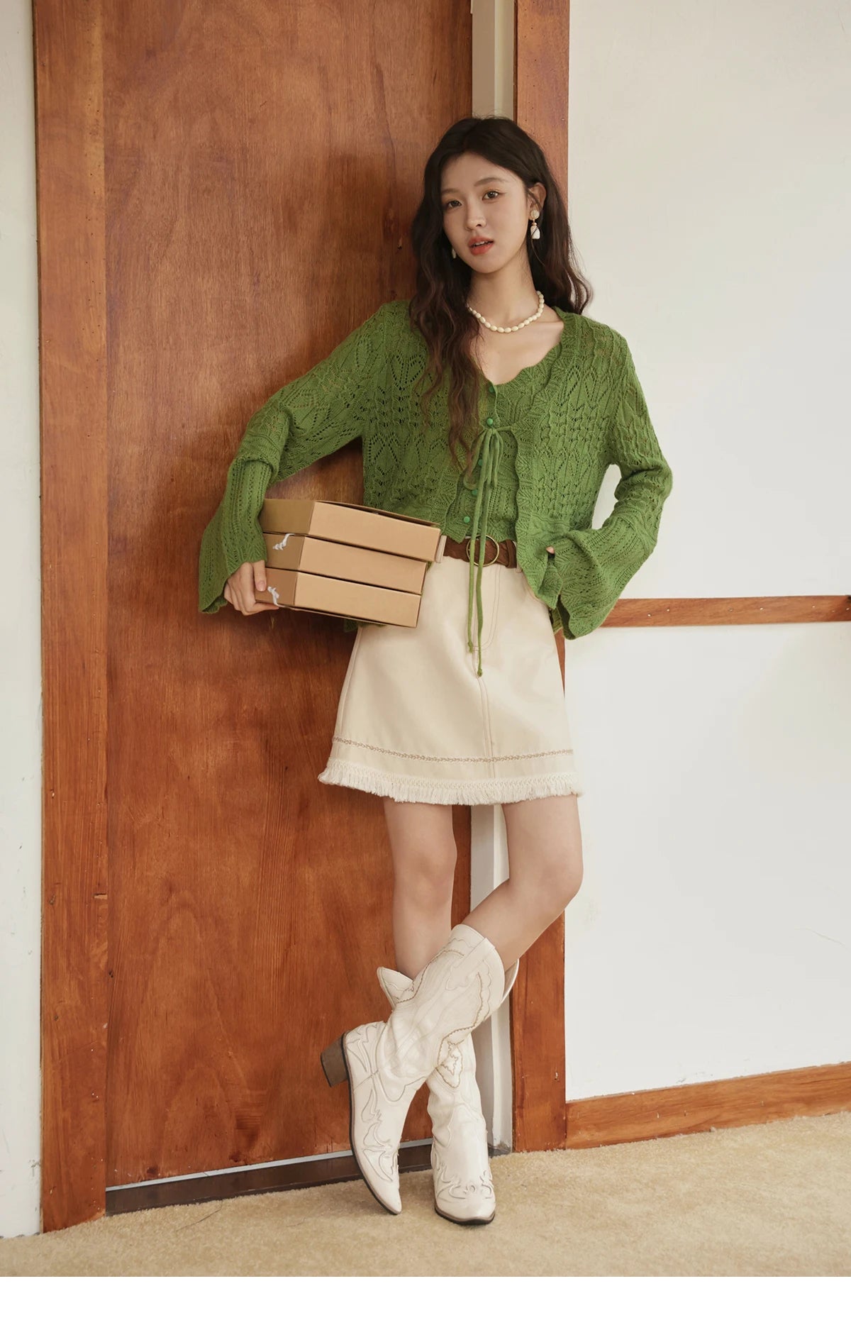 MISHOW Women's Wool Knitted Suit Autumn 2025 Flared Sleeves Lace-up Cardigan Single-breasted Camisole Two-piece Set MXE42T0717