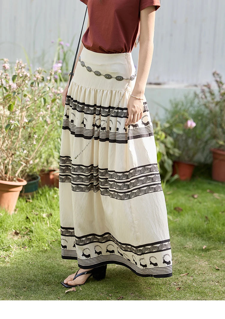 MISHOW Women's Bohemian Print Half Skirt 2025 Summer New Office Lady Fashion High Waist A-line Large Swing Skirt MXE36B0755