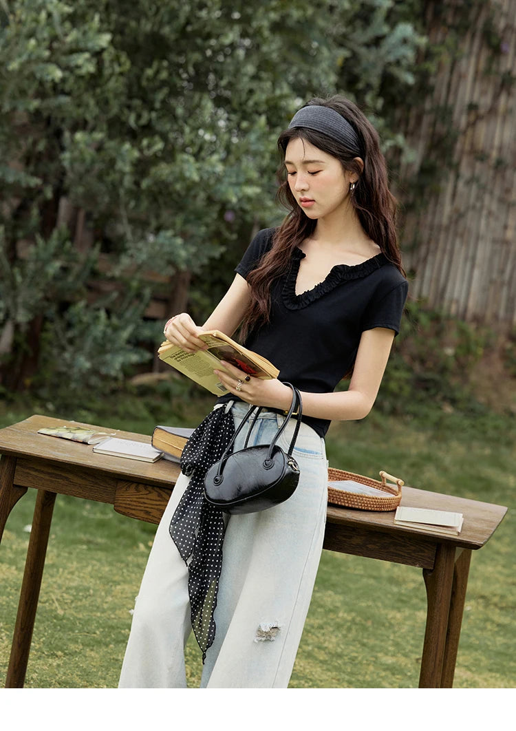 MISHOW Casual Summer T-shirts Women New 2025 Short Sleeve V-neck  Solid Straight Shoulder Slimming Shirt Female Thin MXE35T0562