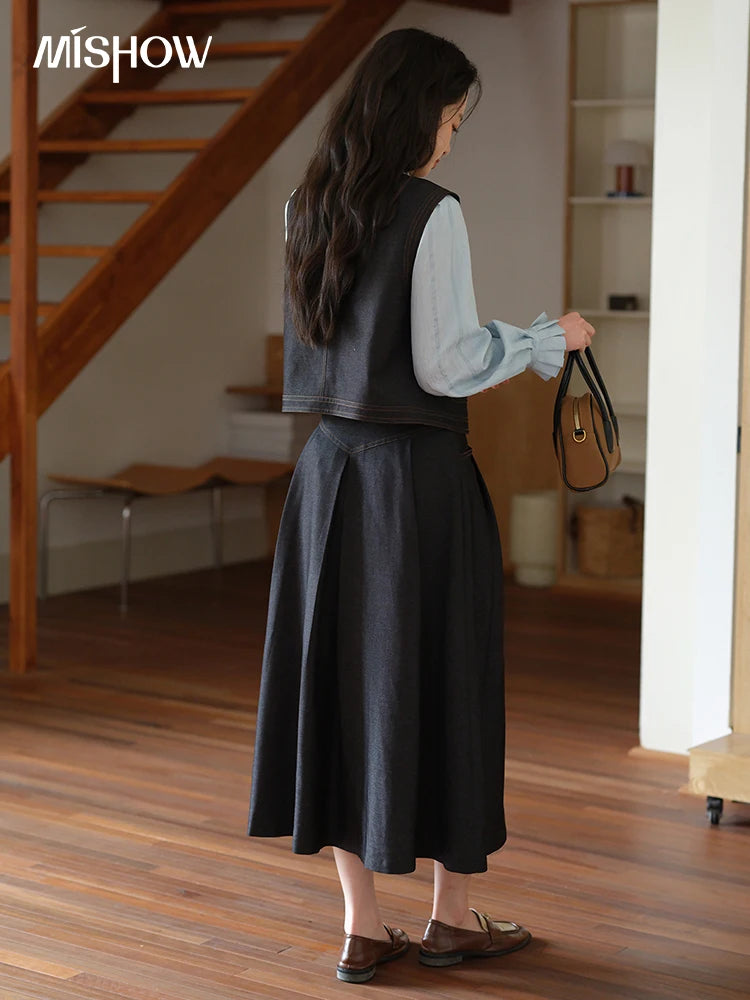 MISHOW High Waist Pleated Umbrella Denim Skirt 2025 Autumn A-LINE Deep Blue Skirts Female One Button Casual Skirts MXE41B2372