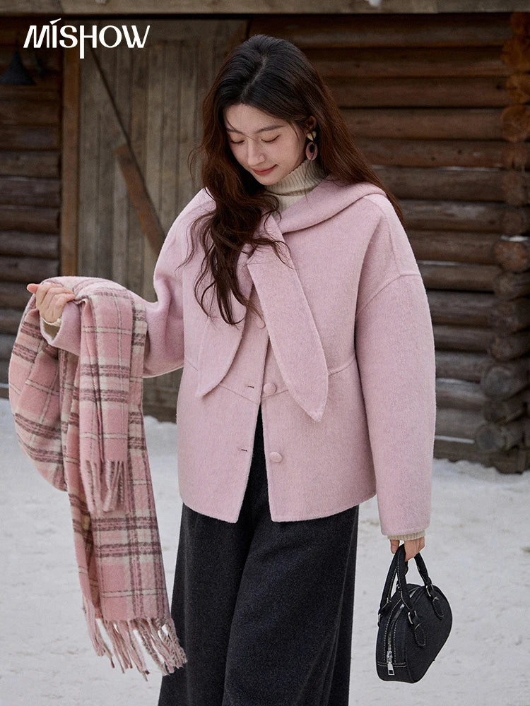 MISHOW Pink Wool Double-sided Woolen Coat Winter Hooded Bow Tie Strap Coats Loose Dropped Sleeves Coat Office Lady MXE91W1010