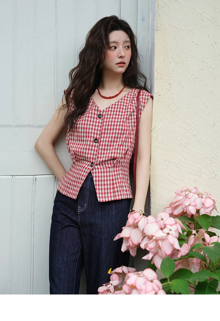 MISHOW Women's Fashion V-neck Shirt 2025 Summer New Plaid Ladies Red Button Shirt Casual Retro Top Female Clothing MXE37X1921