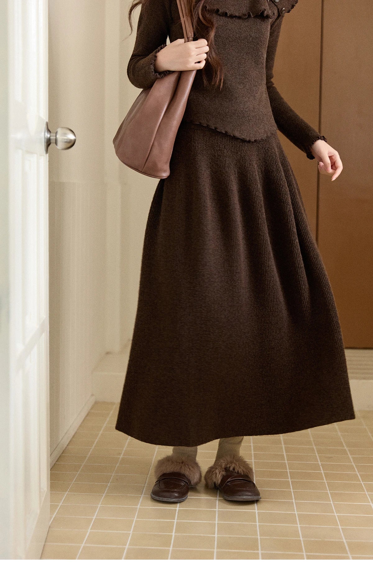 MISHOW Women's Retro Knitted Two-Piece Set 2025 Winter Coffee Ruffle Boat Neck Top A-Line Elastic Waist Skirt Outfit MXE93T1455