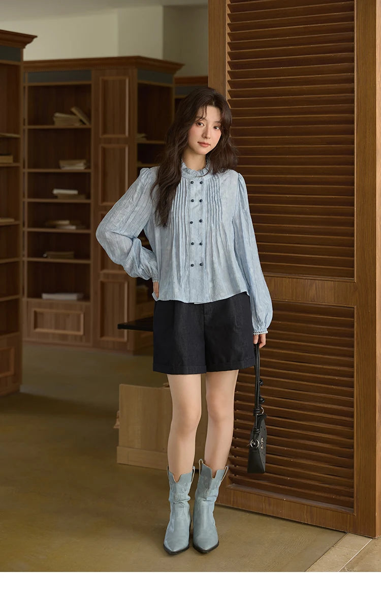 MISHOW Women's Shirt 2025 Autumn Blue Polka Dot Chiffon Loose Shirt Stand Collar Double Row Buckle Lantern Sleeve Top MXE41X1926