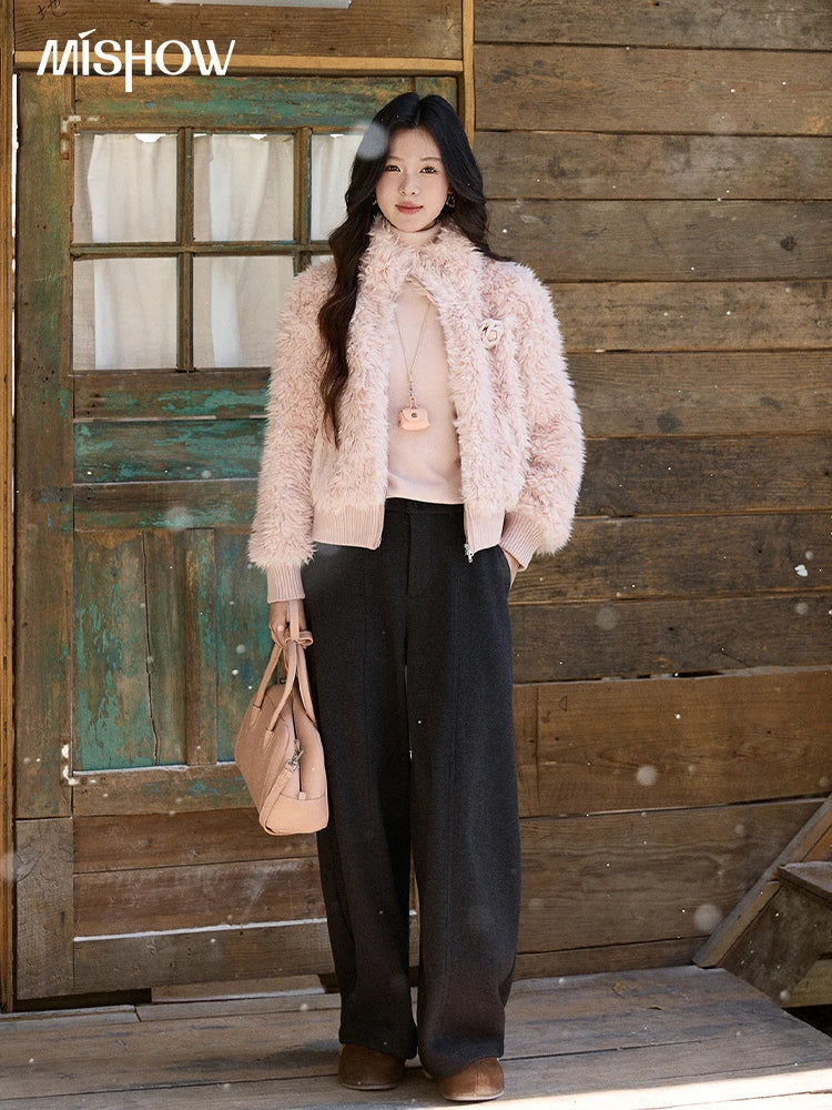 MISHOW Women's Pink Stand Collar Faux Lamb Wool Coat Winter Flower Brooch Warm Outerwear with Pockets Metal Zipper MXE91W0974