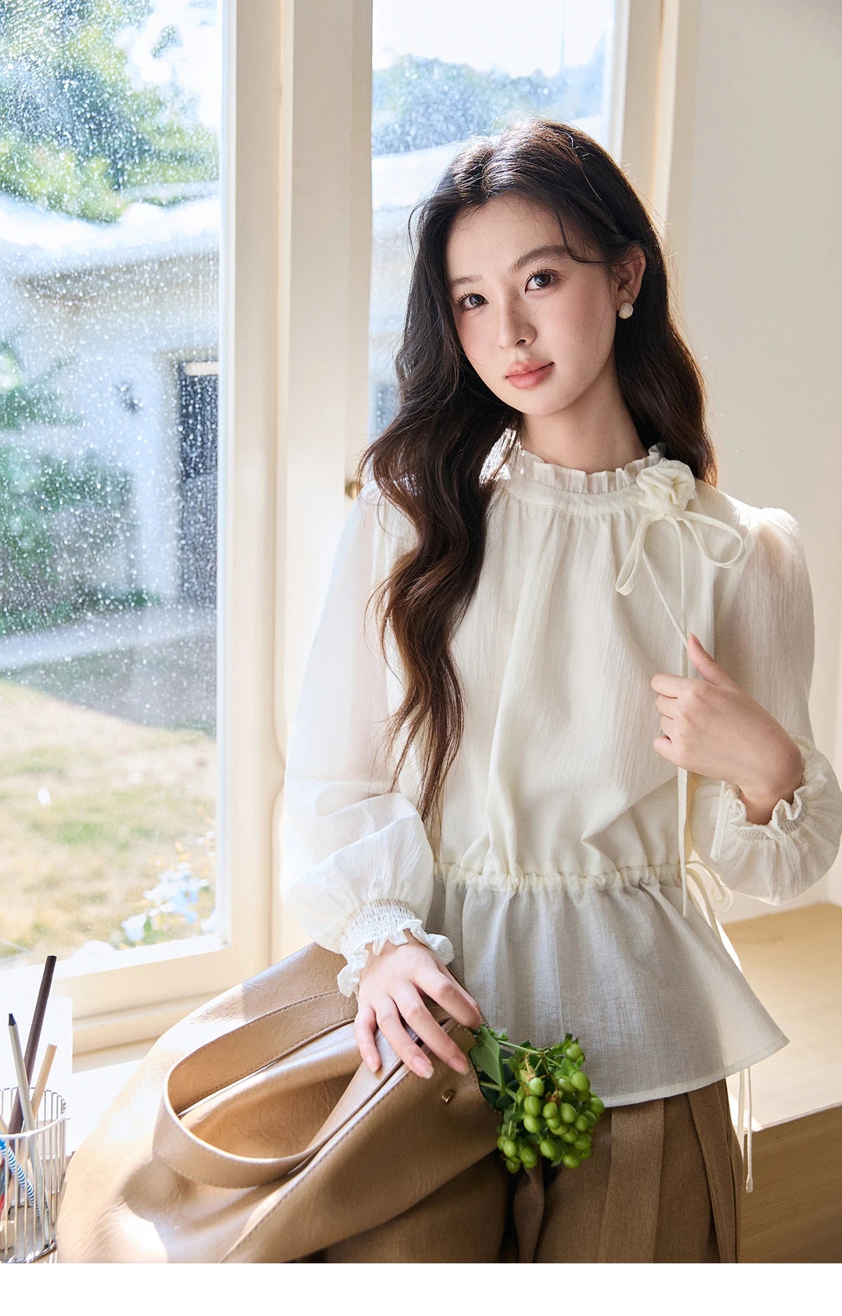 MISHOW Women's Ruffled Stand Collar Blouse 2026 Spring Flower Decor Apricot Blouses Drawstring Waist Puff Sleeve Top MXF11C2428