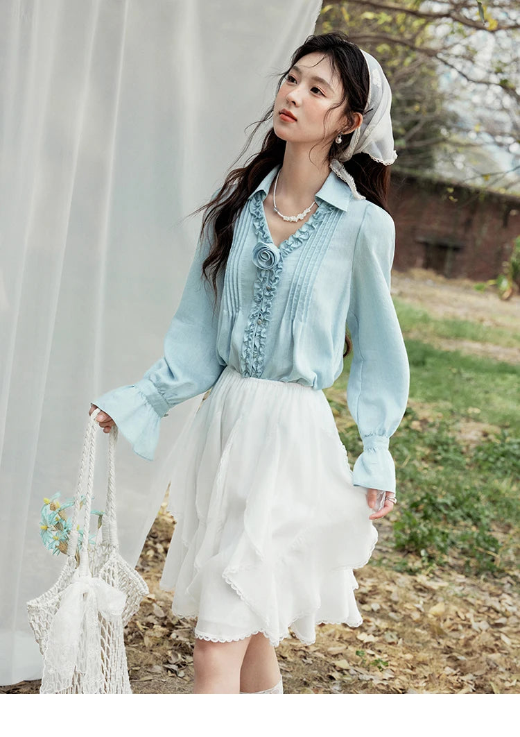 MISHOW Spring New Blouses for Women 2025 V-neck Long Flare Sleeve Solid Shirts Female Fashion Straight Tops Woman MXE14X1730