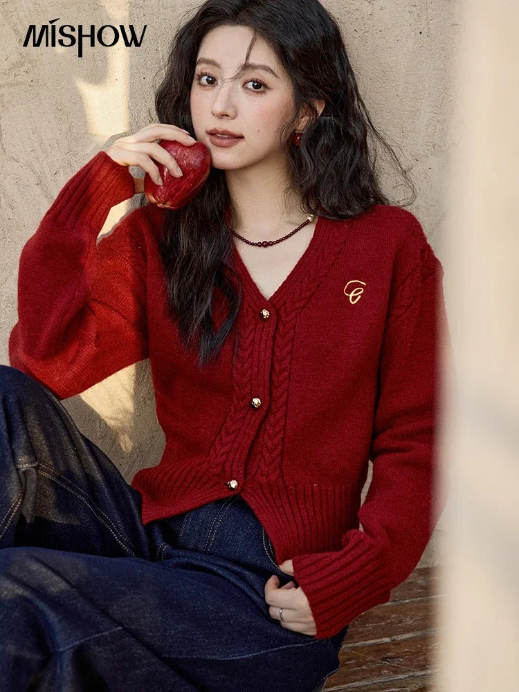 MISHOW Elegant V-neck Sweater Women's Long-sleeved Knitted Jacket 2025 Fall Winter New Korean Vintage Short Cardigan MXD48Z0848