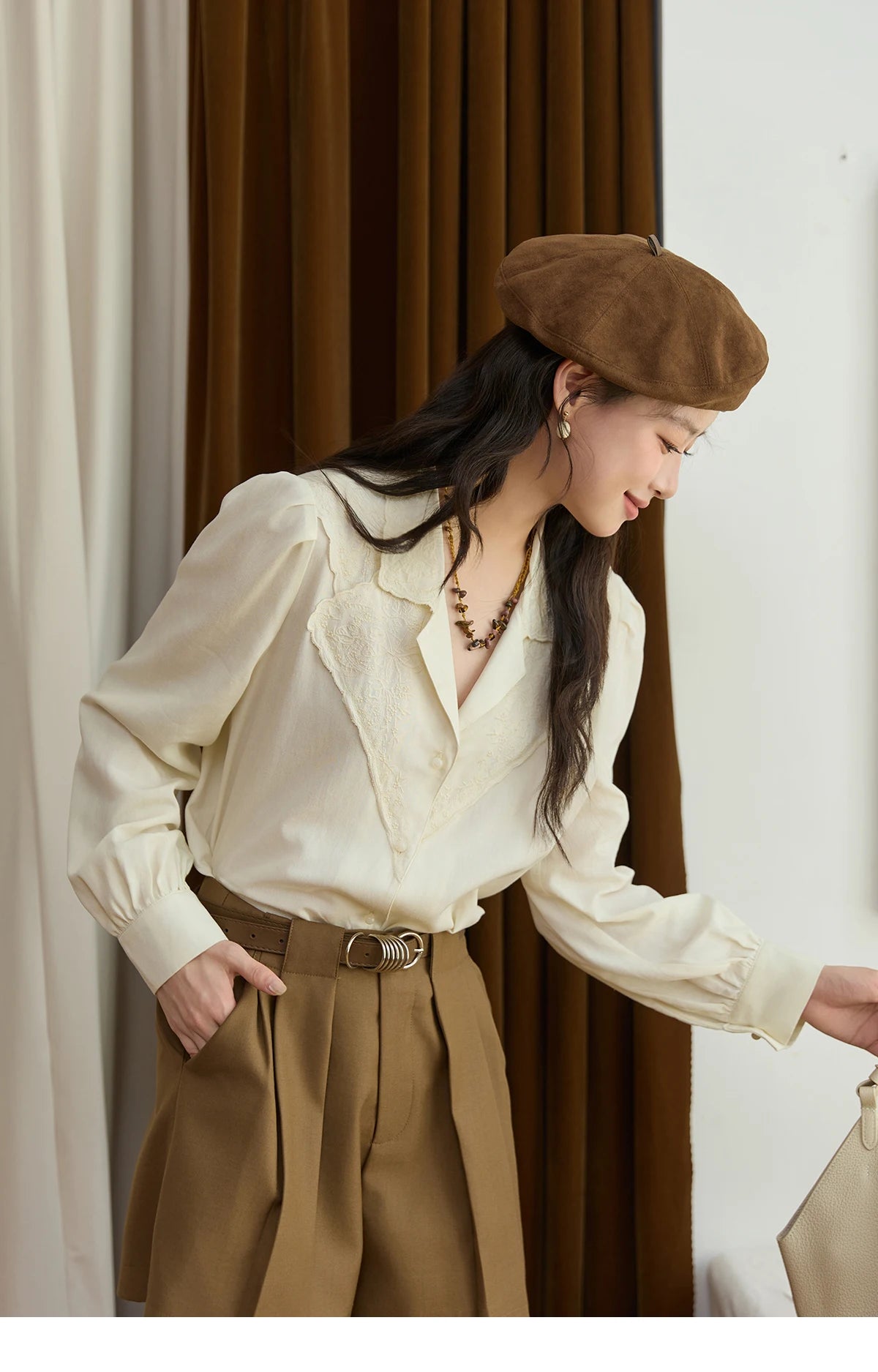 MISHOW Women's Casual Shirts 2025 Autumn Apricot Retro Lace V-neck Top Long Sleeve Lightweight Shirts Women Clothing MXE45X2486