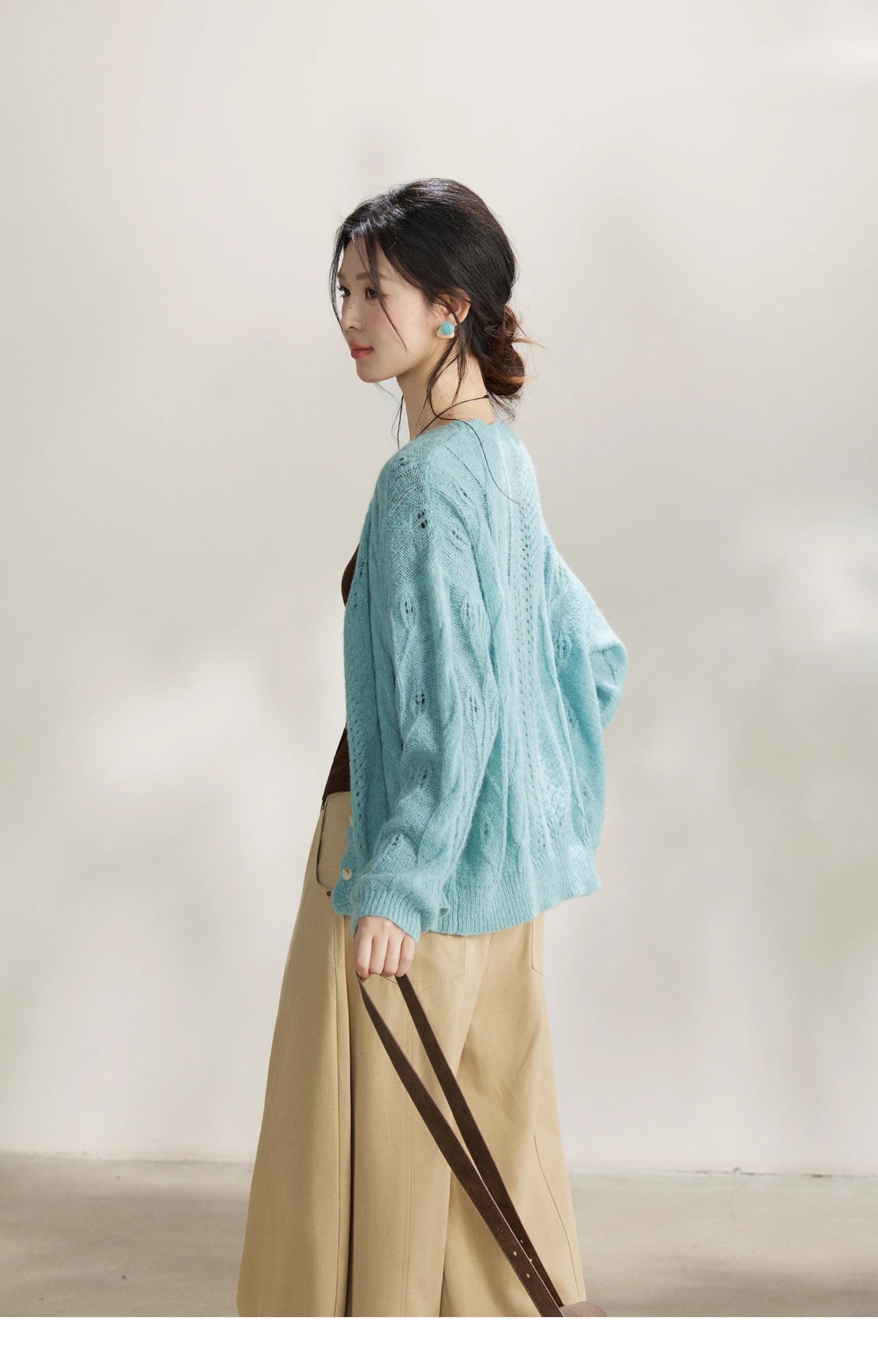 MISHOW Women's Blue Hollow Out Knit Cardigan 2026 Spring V Neck Wool Blend Tops Single Breasted Casual Thin Sweater MXF13Z2975