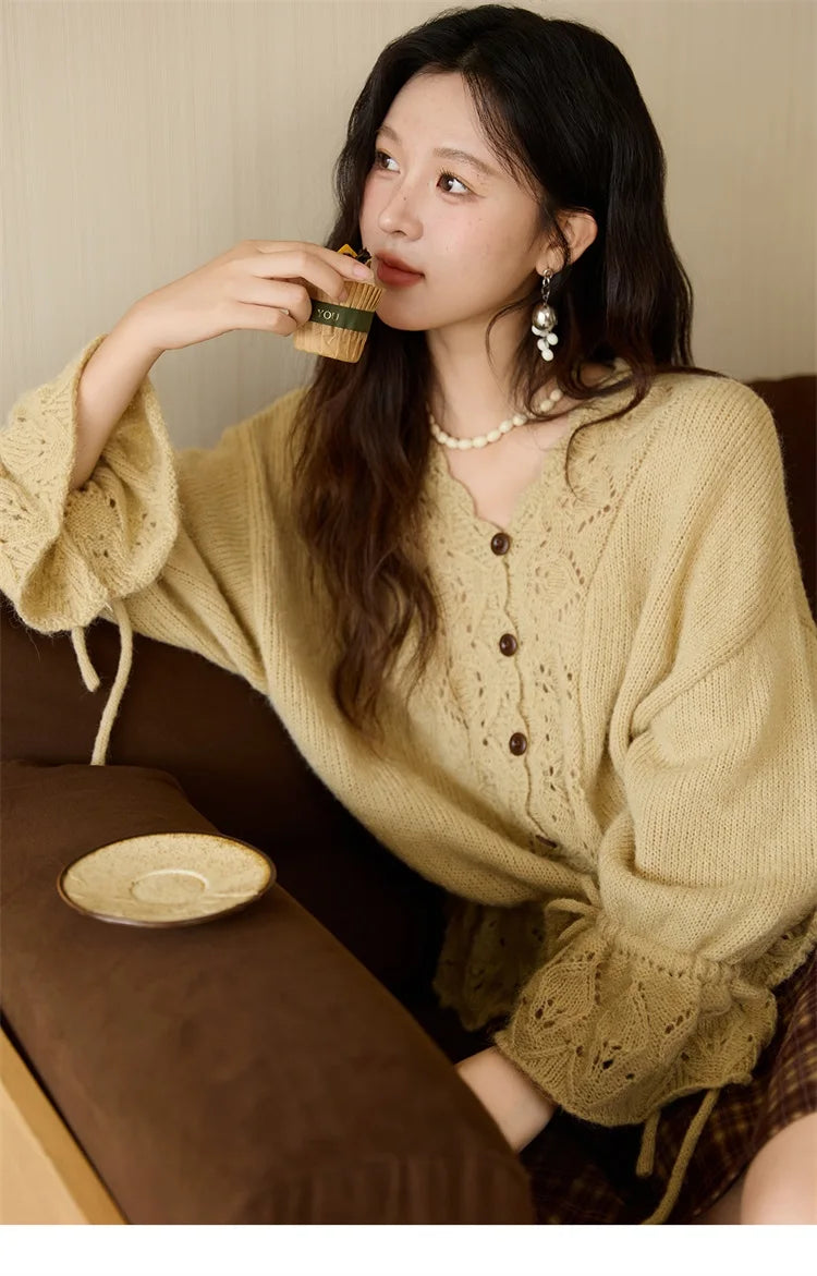 MISHOW Elegant Cardigan Women 2025 Autumn Design Hollow Knit Sweater V-neck Flared Sleeves Loose Casual Sweater MXE47Z2513