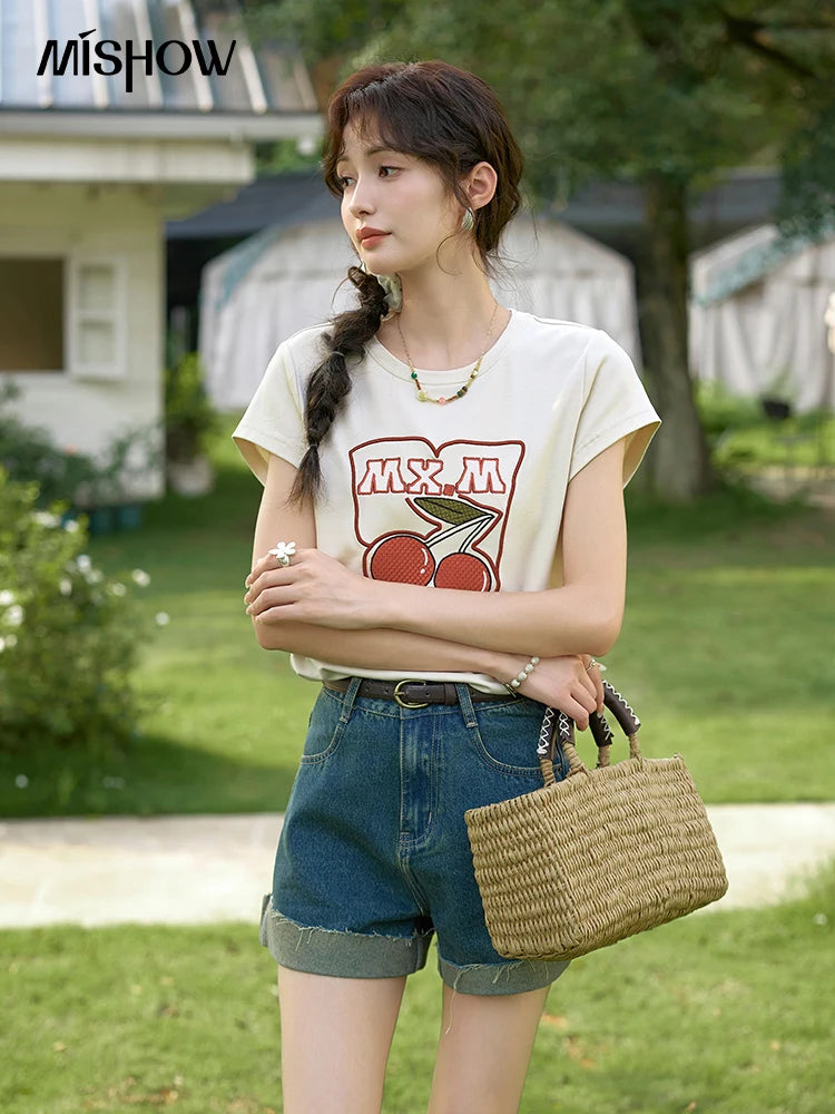 MISHOW Denim Shorts Cotton Elastic for Women 2024 Summer Korean High Waist Curled Edge Pants Casual Slim Short Pants MXD30K0659