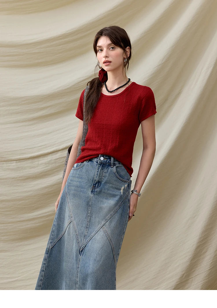 MISHOW Office Lady Women’s T-shirts Summer 2025 Short Sleeve Round Neck Solid Slimming Knitted Shirt Female Fashion MXE34Z1257