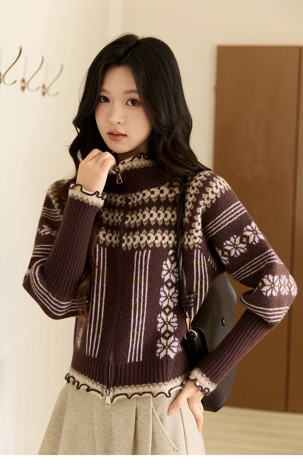MISHOW Women's Brown Knitted Fair Isle Sweater Vintage Jacquard Lantern Sleeves Zipper Top Ruffled Trim Warm Sweaters MXE91Z2868