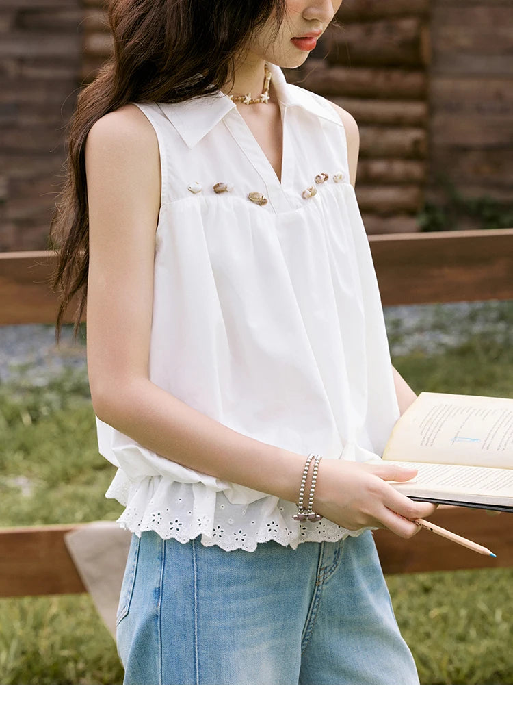 MISHOW Office Lady New Blouse Women Summer New Sleeveless Turn-down Collar Hollow Lace Shirts Female Slimming Fashion MXE31X1760