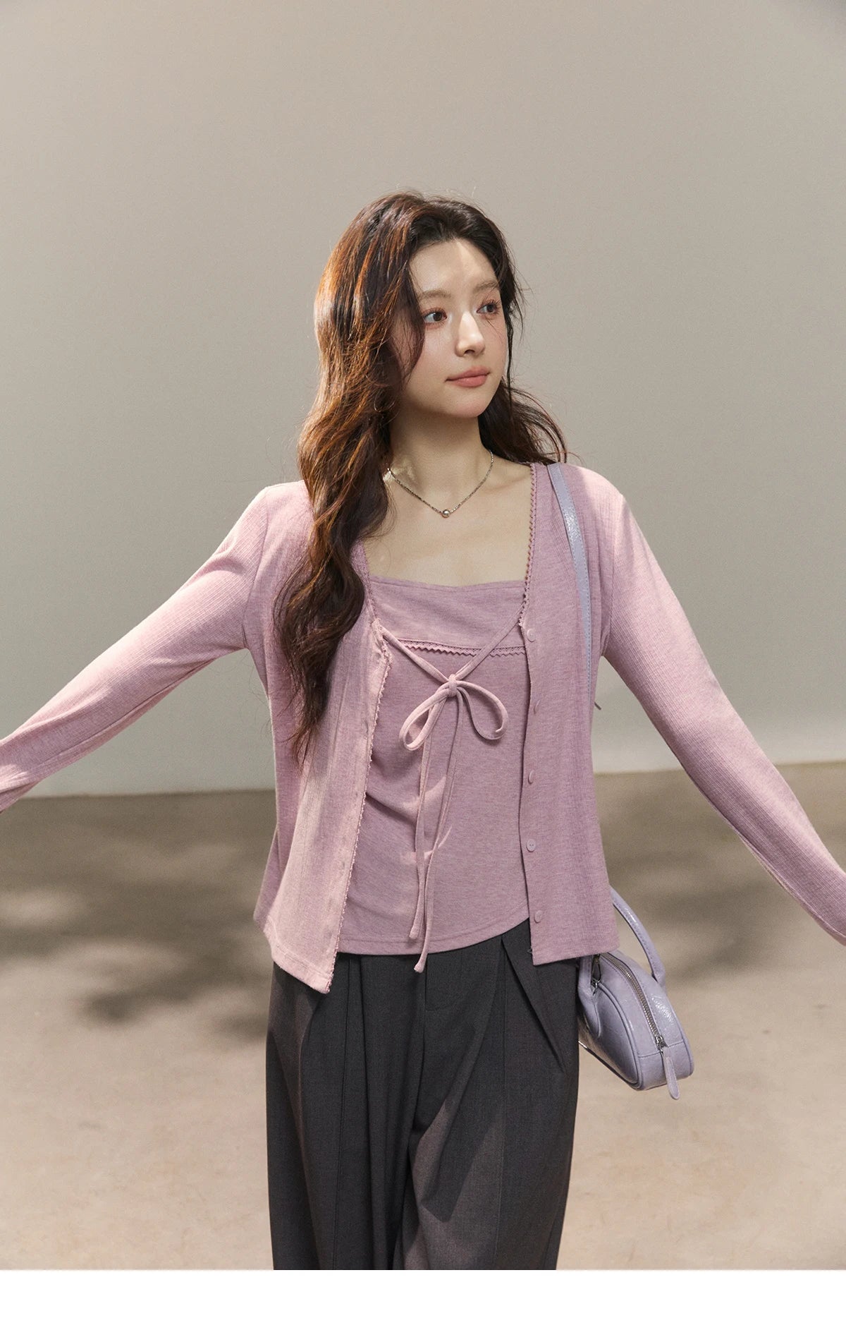 MISHOW Women's Purple Knitted Two-Piece Set 2026 Spring Knitted V-neck Lace-Up Cardigans Camisole Irregular Tops Set MXF13Z2998