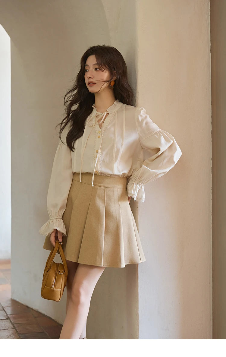 MISHOW French 100% Lyocell Apricot Shirt 2025 Autumn Flared Sleeves Lace Edges Shirts V-neck Slim Top Office Lady MXE41C2351