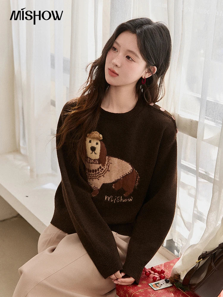 MISHOW Women's French Crew Neck Pullover Sweaters 2025 Winter Loose Dog Jacquard Knitted Top (Scarf Not Included) MXE94Z2890