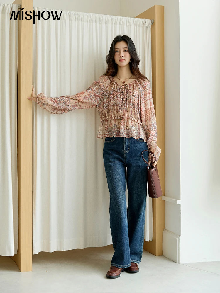MISHOW Blouse Women 2025 National Style Printed Waist Round Neck Long-sleeved Top Commute Comfortable Autumn Blouse MXE47X2508