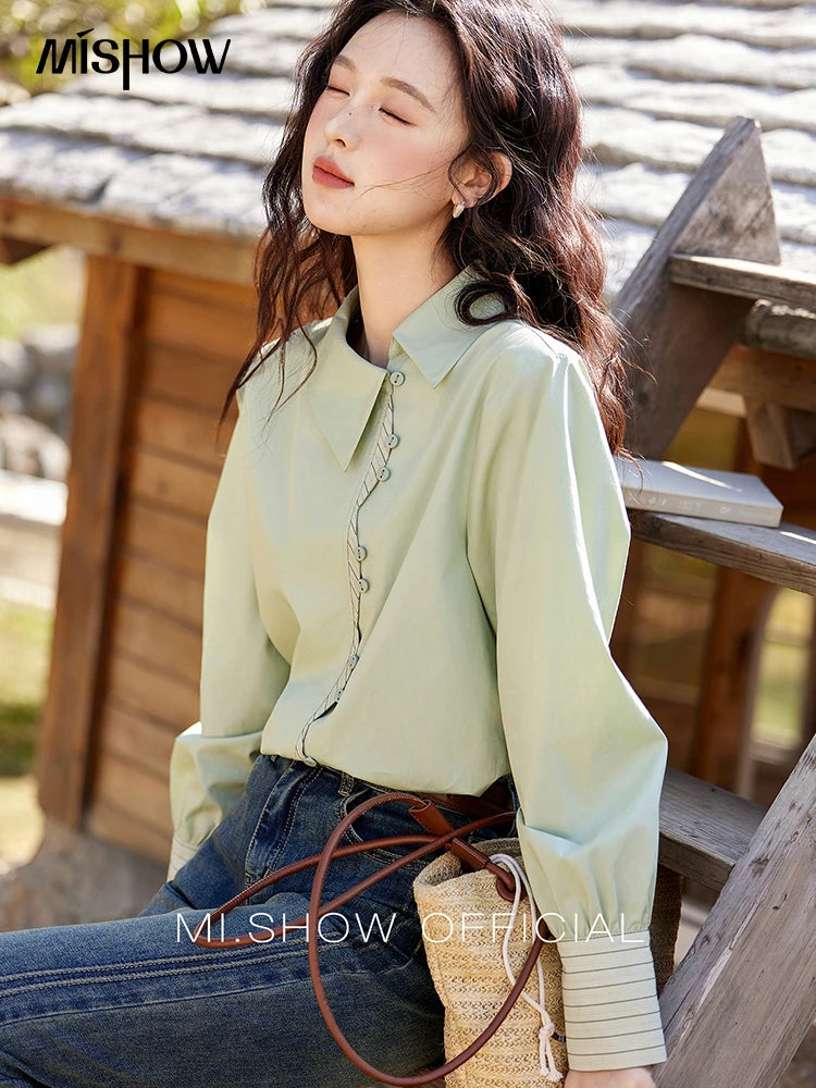 MISHOW Striped Patchwork Shirt for Women Spring 2025 Irregular Single Breasted Buckle Shirts Lapel Tops Office Lady MXE12C0412