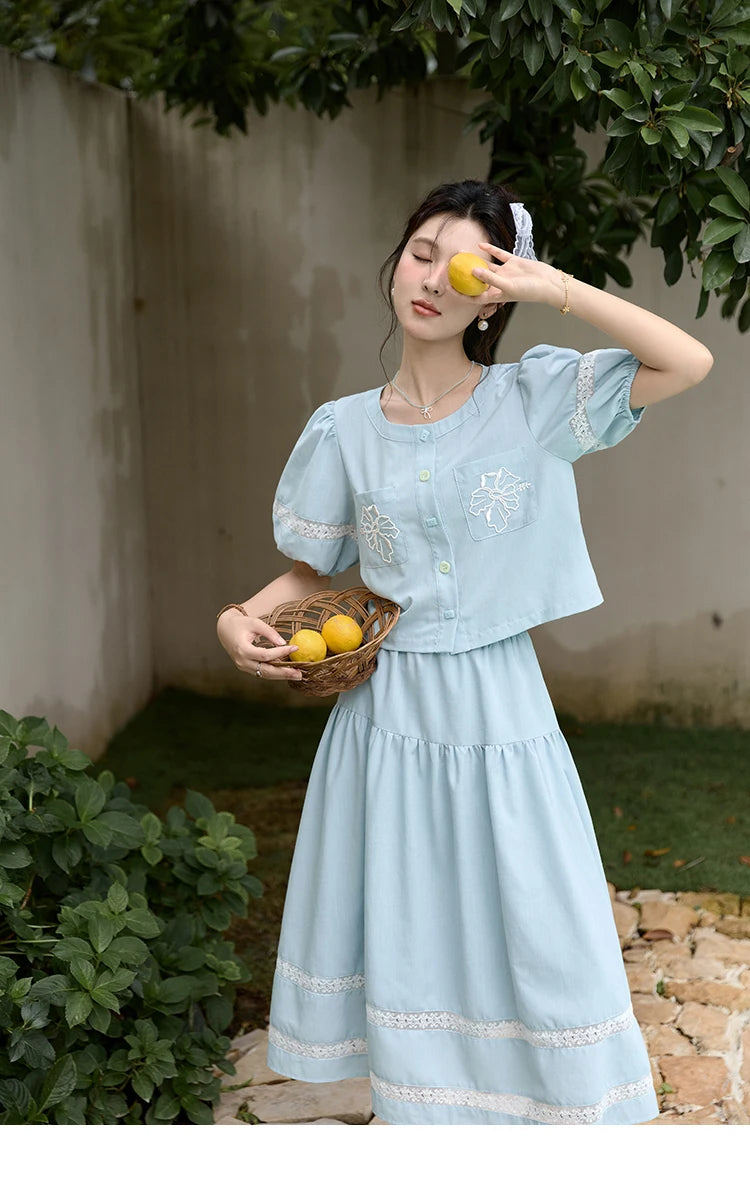 MISHOW Blue Pocket Patchwork Lace Shirt Elastic Waist Skirt Separately 2024 Summer Korean Round Neck Top Sweet Skirts MPD22B0450