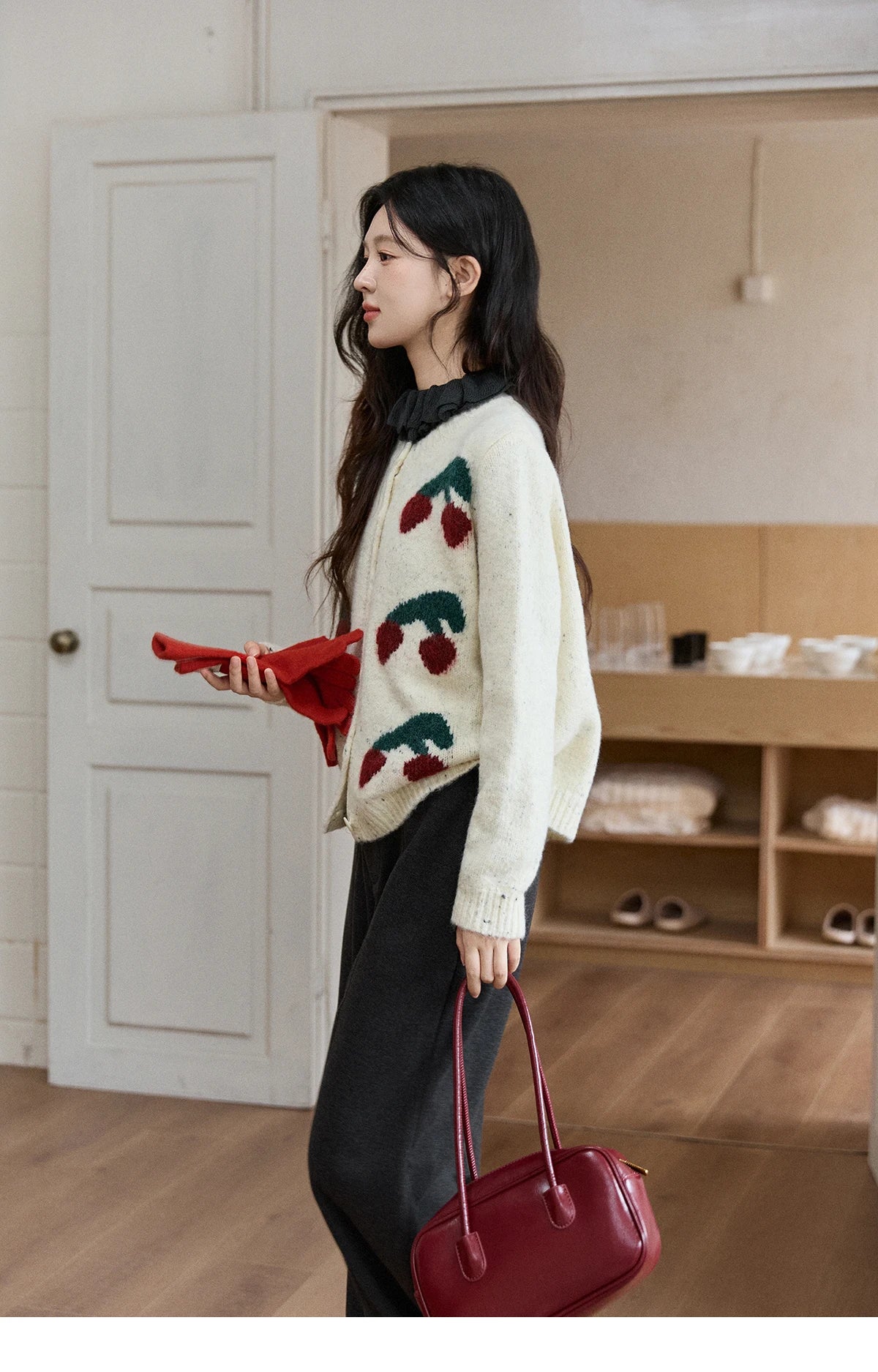 MISHOW Women's Cherry Jacquard Flecked Cardigan 2025 Autumn Winter Korean Drop Shoulder Tops Loose Crew Neck Knitwear MXE91Z2837