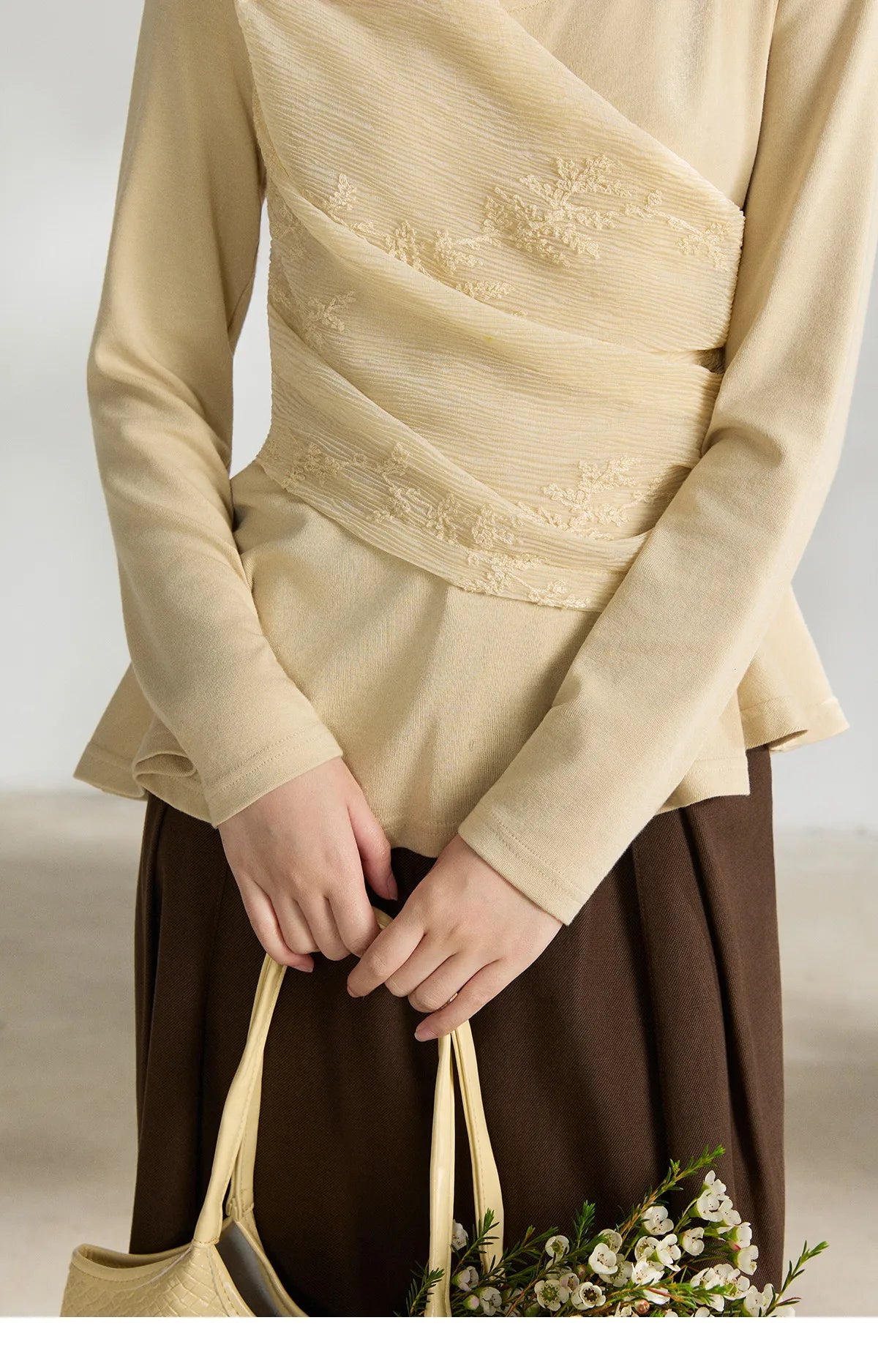 MISHOW Women's Asymmetric Lace Patchwork Tops 2026 Spring V Neck Long Sleeve Top Ruched Waist Ruffled Hem Casual Tees MXF11Z2942