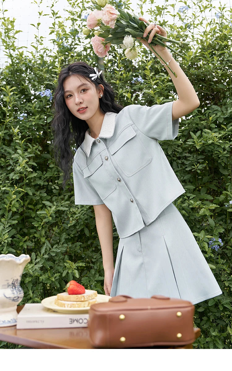 MISHOW French Fragrance Top Pleated Skirt Separately 2024 Lapel Neck Single Breasted Shirt High Waist A-line Skirts MXD24C0201