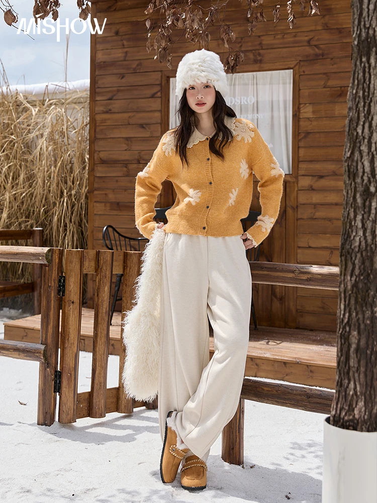 MISHOW Yellow Retro Jacquard Cardigan Women 2025 Autumn Winter Lazy Style Turn-down Collar Loose Sweater Office Lady MXE88Z2691