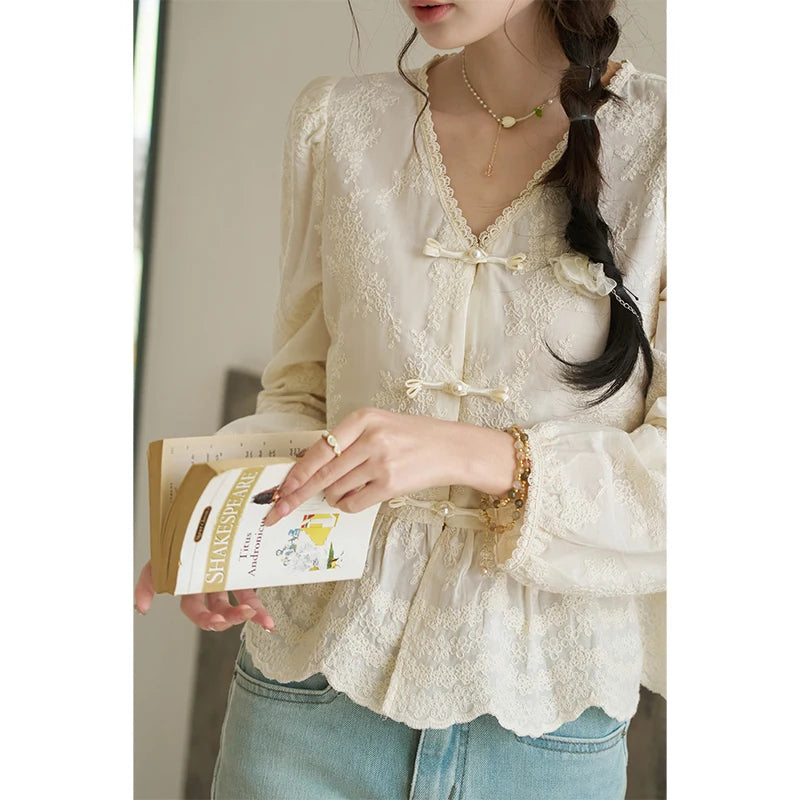 MISHOW Chinese Lace Blouses French Sweet Three-dimensional Embroidery Spring 2024 Button Up V-neck Long Sleeved Top MXD14X1433