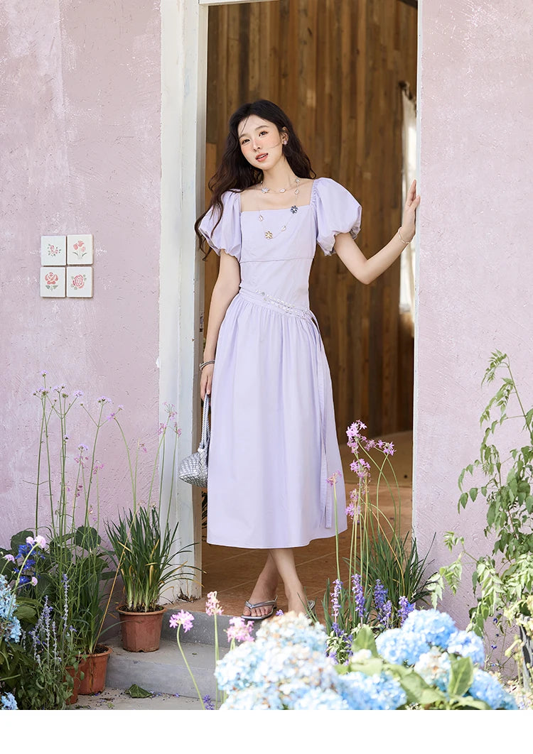 MISHOW French Purple Dresses Women Summer 2025 Solid Short Puff Sleeve Square Neck Slimming Dress Woman New Fashion MXE34L2222