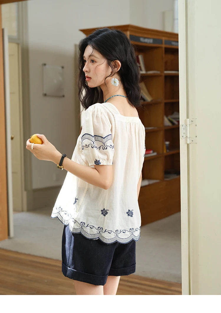 MISHOW Square Neck Puff Sleeve Women's Blouse 2025 Summer Fashion Flower Embroidery Hollow Out Blouse Female Clothing MXE39X1953