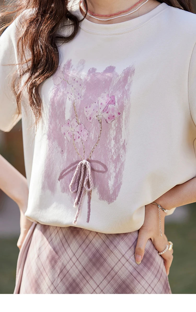 MISHOW Iris Cool Cotton T-shirt for Women Spring 2025 Spray Printing Slim Tees Round Neck Breathable Versatile Top MXE13T0453